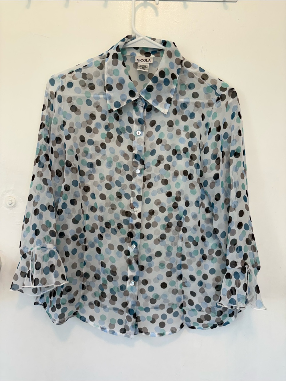 NICOLA Sheer Polka Dot Button-Down Blouse in Blue, Gray, Black